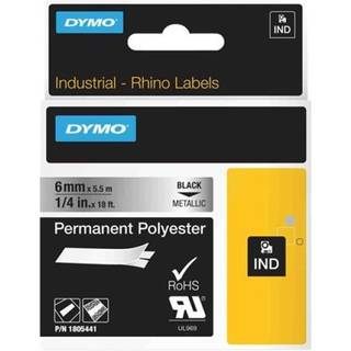 DYMO Rhino Perm. polyester 6mmx5,5m sort på sølv, 1805441