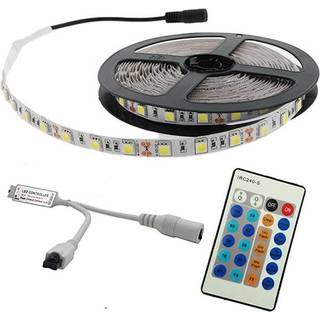 5 meter, 12 volt, 24 watt, IP65, 300 LED, VANDTÆT RGB LED strip - KOMPLET SÆT - Strip + 44 knappers fjernbetjening + strømforsyning