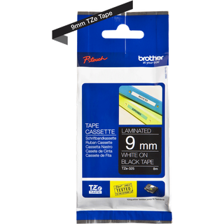 Brother TZe-325 Hvid tekst på sort tape lamineret 9mm