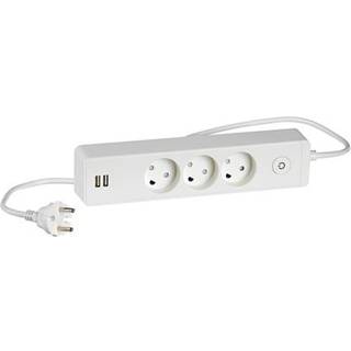 LK Lk stikkontaktdåse 3 udtag u. jord med afbryder og glimlampe. 1,5m ledning dk stikprop 2 usb hvid