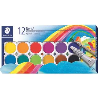 STAEDTLER Noris Club 888 vandfarver, 12 farver Vandfarvesæt med 12 farver, 1 tube dæk hvid og 1 pensel. God dækkeevne. Låget kan bruges til at blande farverne i.