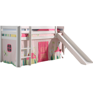 Halvhøj seng med rutsjebane – Pino, hvid med Spring-forhæng