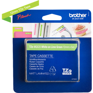 Brother TZe-MQG35 tape 12mmx5m hvid/limegrøn