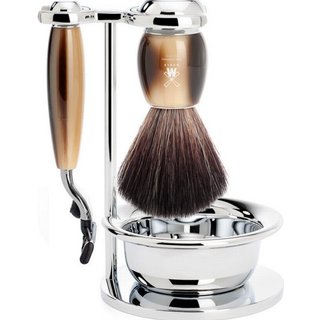 Mühle Barbersæt med Mach3 Skraber, Barberkost, Holder og Skål, Vivo, Brunt Horn