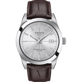 Tissot Gentleman Powermatic 80 Silicium herreur i stål, læderrem og sølvfarvet skive