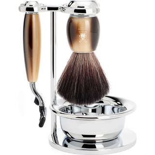 Mühle Barbersæt med Mach3 Skraber, Fibre Barberkost, Holder og Skål, Vivo, Brunt Horn
