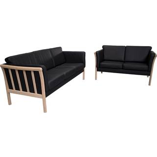 Denver sofasæt 3+2 - sort læder - ubehandlet eg