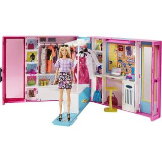Barbie Dream Closet Playset med 30+ t?j og tilbeh?r inklusive 5 outfits plus spejlbord og roterende stativ