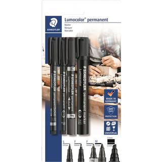 STAEDTLER Lumocolor Mix Sæt, 4 stk Lumocolor permanent sæt som indeholder: 1 Lumocolor CD/DVD/BD 1 Lumocolor permanent 1 Lumocolor permanent duo 1 Lumocolor permanent marker.