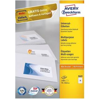 Avery 3669 hvide labels 15 pr. ark, blaek og Laserprinter 70x50,8 100ark