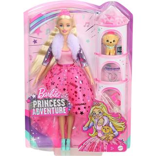 Barbie Prinsesse Eventyr Modedukke: Lyserød top, Hi-Lo nederdel, Jakke med pelsforing, Blå højtoppe, Hundetilbehør