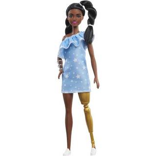Barbie Fashionistas Doll #146 med 2 snoede fletninger og proteseben if?rt stjernekjole hvide sko og armarmb?nd leget?j til b?rn 3 til 8 ?r