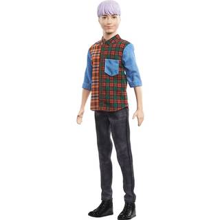 Barbie Ken Fashionistas Dukke #154 med skulptureret lilla h?r if?rt en farveblokeret plaidskjorte Sorte denimbukser og -st?vler Leget?j til b?rn