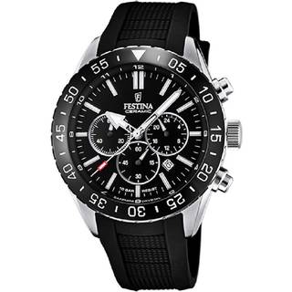 Festina chronograph ceramic armbåndsur i stål med sort skive og sort gummi rem