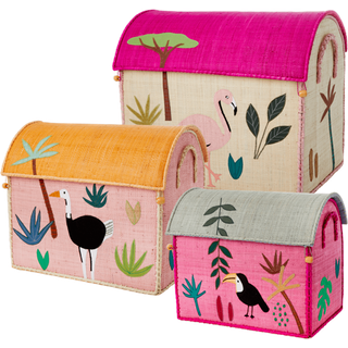 Rice Raffia Toy Baskets - Jungle Theme - Pink - Set of 3