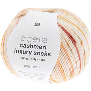 Rico Design Superba Cashmeri Luxury Socks Indhold: 65% Ren, ny uld, 25% Polyamid, 10% Kashmir Vægt/Længde: 100g = 400m Anbefalede pinde: 2.50-3.00 mm Strikkefasthed:10 x 10 = 30m x 40p Vaskeanvisning:Finvask maks. 30°C / Tåler ikke tørretumbler / Tørres fladt.