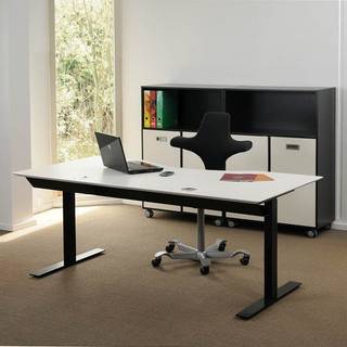 160x80 cm hvid laminat med sort kant. Elektrisk hæve sænkebord.