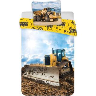 Junior sengetøj 100x140 cm - Bulldozer - sengesæt med 'gravemaskine' - 2 i 1 design - 100% bomuld