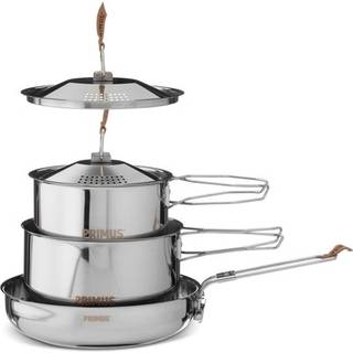 Grydesæt Primus CampFire Cookset Stainless Steel Small, med 2 gryder (1 &amp; 1.8 liter) + 2 låg med integreret dørslag + 1 stegepande (Ø21 cm)