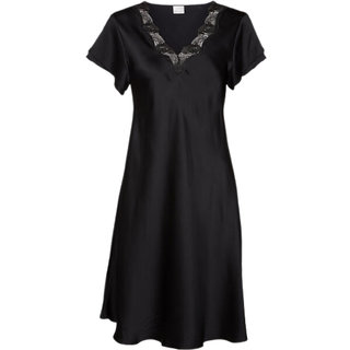 Lady Avenue Pure Silk Nightgown With Lace - Black - Medium