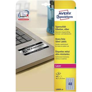 Avery stærke Polyester etiket 47,7 x 21,2 mm sølv mm, 960 stk.