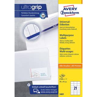 Avery 3481 hvide labels 21 pr. ark 70x41 100ark