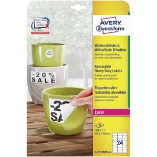 Avery L4773REV-20 Heavy duty etiketter, aftagelige, hvide, 63,5 x 33,9mm, 24 pr. ark, 20ark