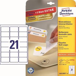 Avery etiket aftagelig 63,5x38,1mm A4, 21 etiketter pr ark, 30 ark, hvid