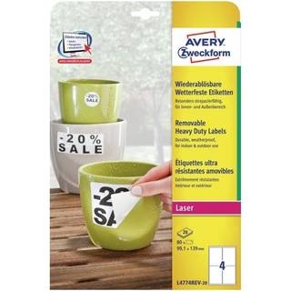 Avery L4774REV-20 Heavy duty etiketter, aftagelige, hvide, 99,1 x 139mm, 4 pr. ark, 20ark