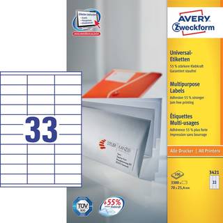 Avery 3421 hvide labels 33 pr.ark, blaek og laserprinter 70x25,4 100ark