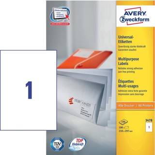 Avery Universaletiketter til generelle formål, 210 x 297 mm, 100 Etiketter, Hvid