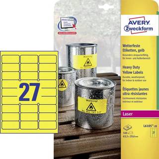 Avery L6105-20 Heavy duty labels, gule 27 pr. ark 63,5 x 29,6 20 ark