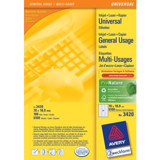 Avery 3420 hvide labels 51 pr.ark, blaek og laserprinter 70x16,9 100ark