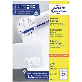 Avery 3658 hvide labels 24 pr. ark, blaek og Laserprinter 64,6x33,8 100ark