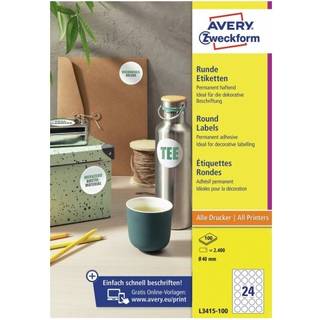 Avery L3415-100 Runde etiketter, hvide 24 pr. ark Ø40 100 ark