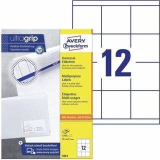 Avery 3661 hvide labels 12 pr. ark, blaek og Laserprinter 70x67,7 100ark