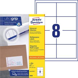 Avery 3660 hvide labels 8 pr. ark, blaek og Laserprinter 97x67,7 100ark