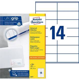 Avery 3477 hvide labels 14 pr. ark, blaek og Laserprinter 105x41 100ark