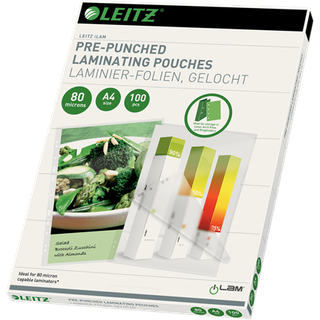 Leitz Lamineringslomme med huller A4 80my. Æsk/100 16918