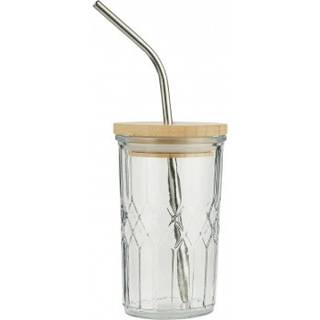 Glas med bambuslåg og metalsugerør