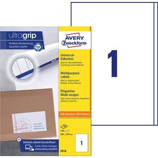 Avery 3418 hvide labels 1 pr.ark, blaek og laserprint 200x297mm 100ark