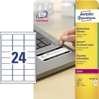 Avery L6146-20 Sikkerheds etiketter, NoPeel 24 pr. ark 63,5x33,9 20 ark