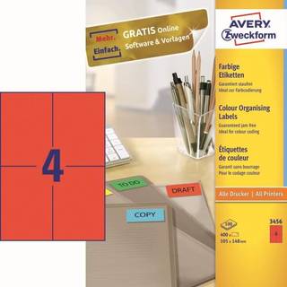 Avery 3456 Universale Labels-Etiketter, RØDE 105x148 4 pr.ark 100ark