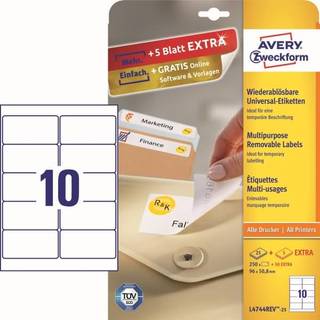 Avery L4744Rev-25 Aftagelige etiketter 10 pr. ark 96 x 50,8 30ark