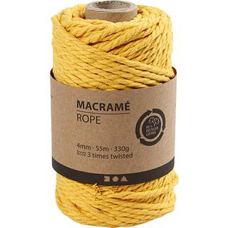 Macramé-reb 4 mm Macramé-garn i 3-tvundet/tvistet kvalitet i 80% genanvendt bomuld og 20% polyester. Denne kraftigere macramé-snor er oplagt til knytning af større projekter som vægophæng, blomsterampler, indkøbsnet og lign.Længde: 55 m.