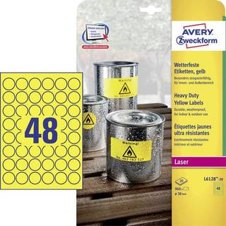 Avery L6128-20 Heavy Duty Etiketter Gul, runde 48 pr. ark,  Ø 30 (20ark)