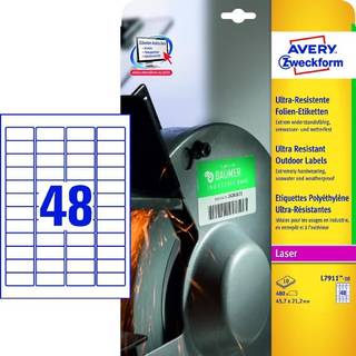 Avery L7911-10 Ekstremt modstandsdygtige og elastiske etiketter, 45,7 x 21,2 mm, hvide 10 Ark m. 48 Labels