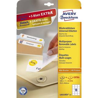 Avery L6025REV-25 Aftagelige etiketter 18 pr. ark 63,5 x 46,6 30ark