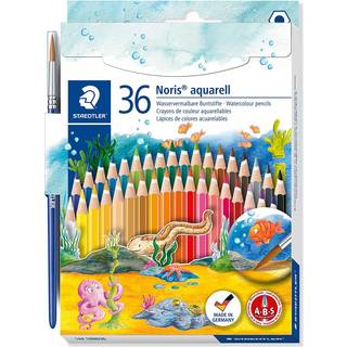 STAEDTLER Noris aquarell farveblyanter, 36 stk Sæt med 36 assorterede farver samt pensel. Farveblyanterne kan bruges som almindelig farveblyant eller som akvarelfarver.