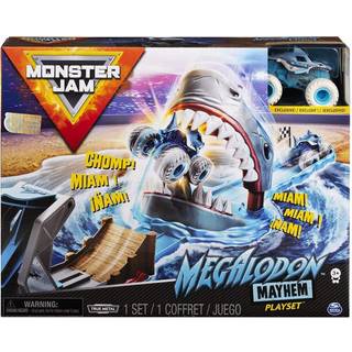Monster Jam Megalodon Mayhem Legetøjssæt - Eksklusivt 1:64-skala Die-Cast Megalodon-lastbil, Hajmund-rampe, Vandblå bane